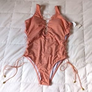Pink Lace Up One Piece